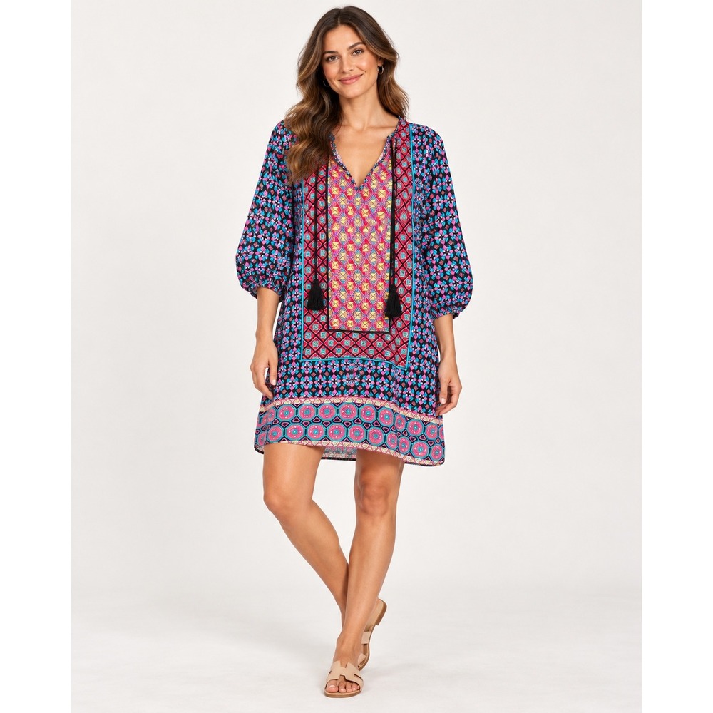 Tolani Tunic Dress Womens Large Pink Geometric Silk Tassel V-Neck 3/4 Sleeve Top